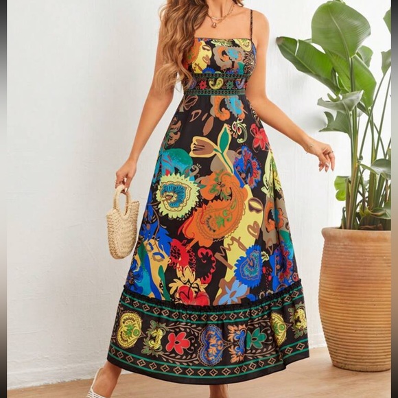 Boho Floral Print Cottage Cami Dress Black - Picture 1 of 5